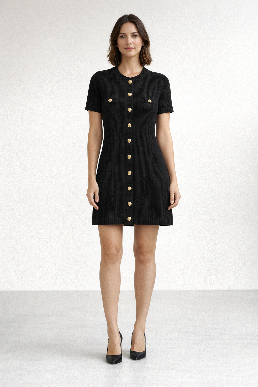 Ribbed Knit Mini Dress – Vera — Black