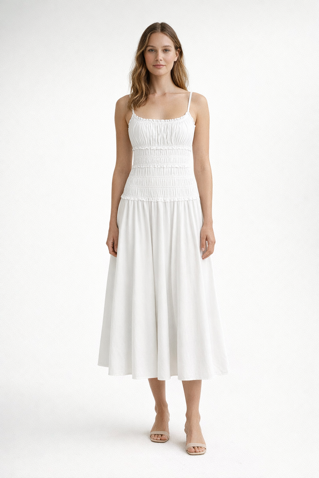 Summer Cotton Slim Maxi Dress in White and Brown — White