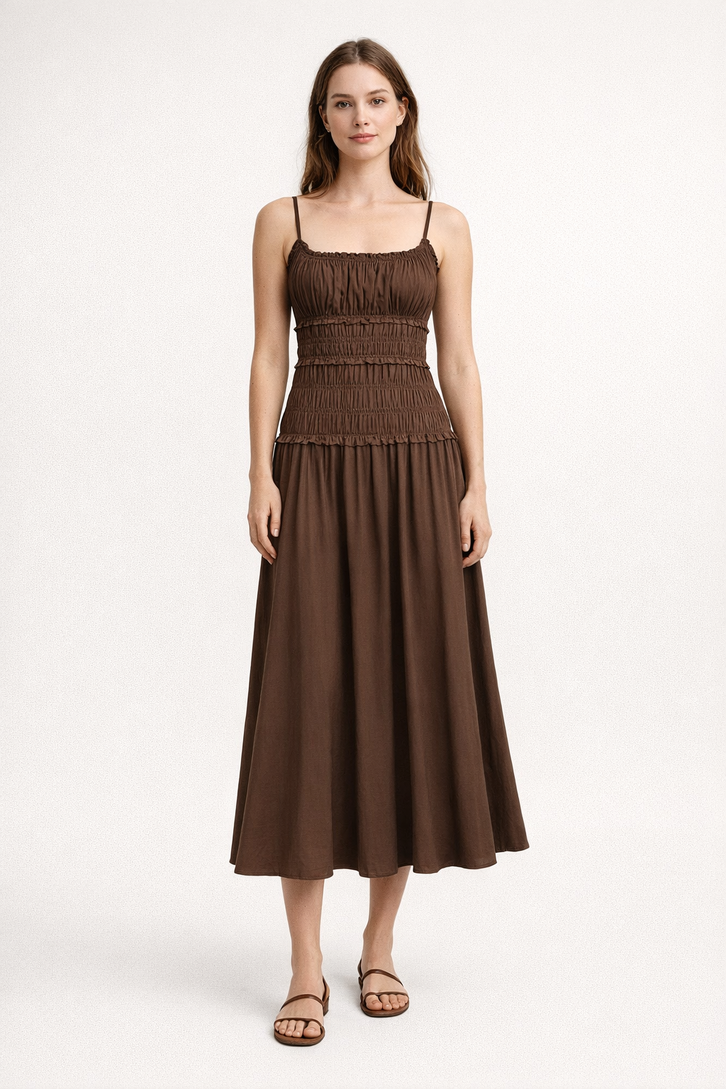 Summer Cotton Slim Maxi Dress in White and Brown — Brown