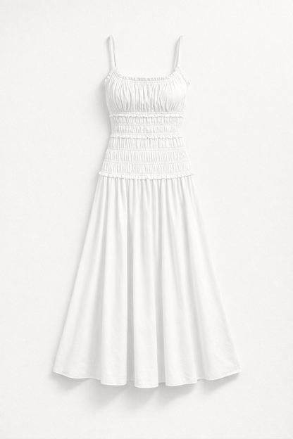 Summer Cotton Slim Maxi Dress in White and Brown — White