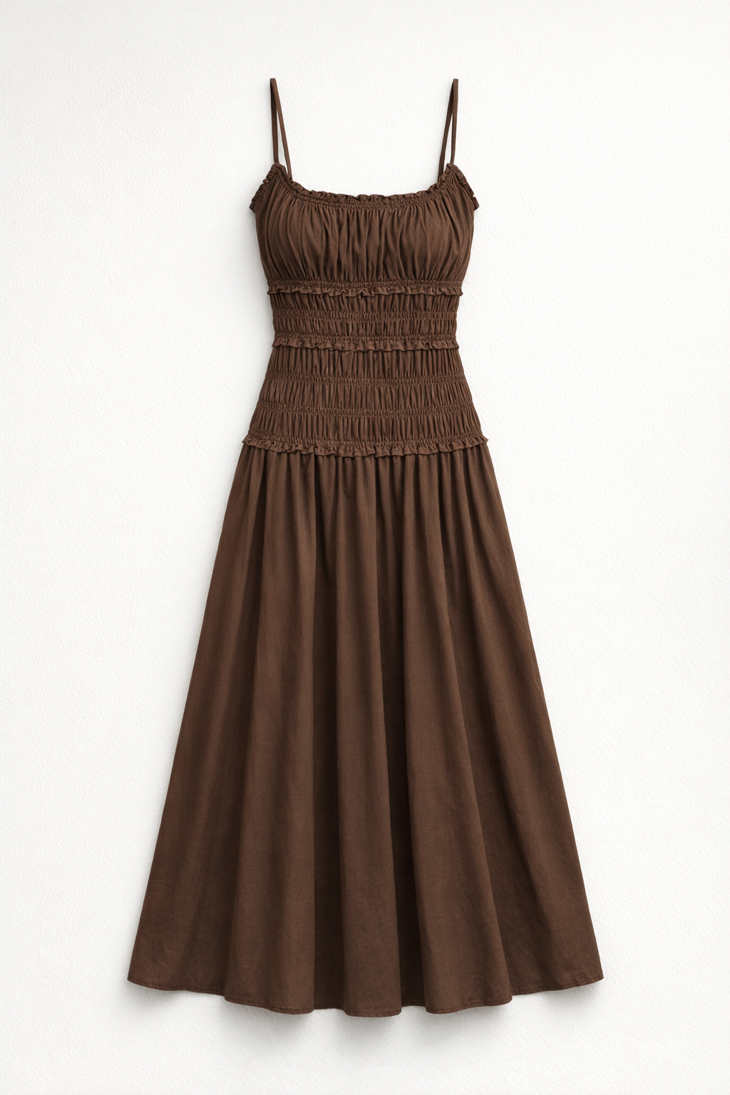 Summer Cotton Slim Maxi Dress in White and Brown — Brown