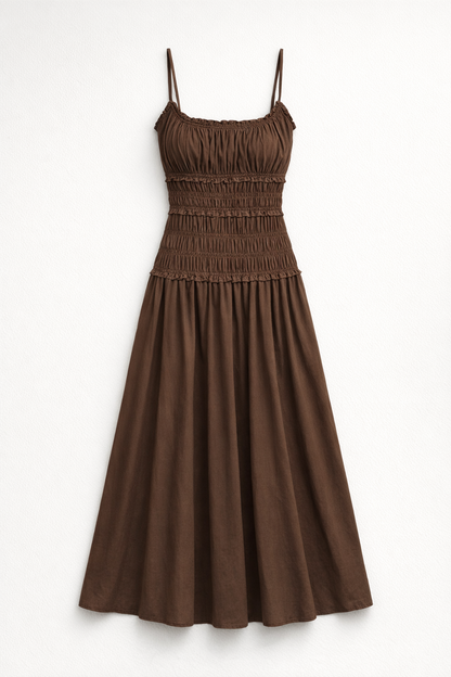 Summer Cotton Slim Maxi Dress in White and Brown — Brown