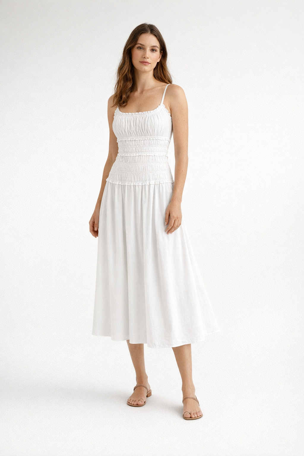 Summer Cotton Slim Maxi Dress in White and Brown — White