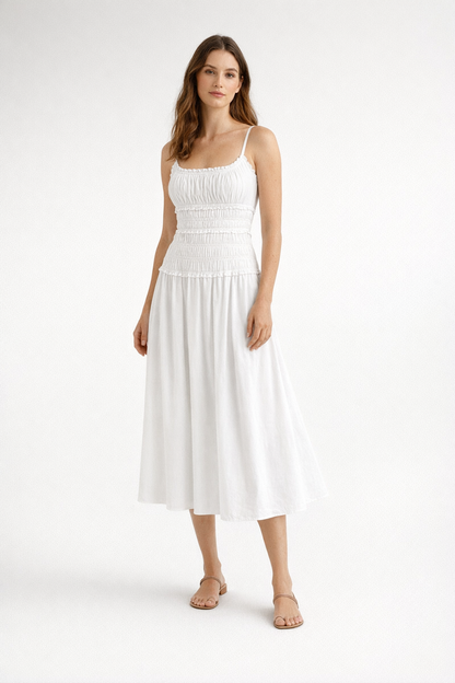 Summer Cotton Slim Maxi Dress in White and Brown — White