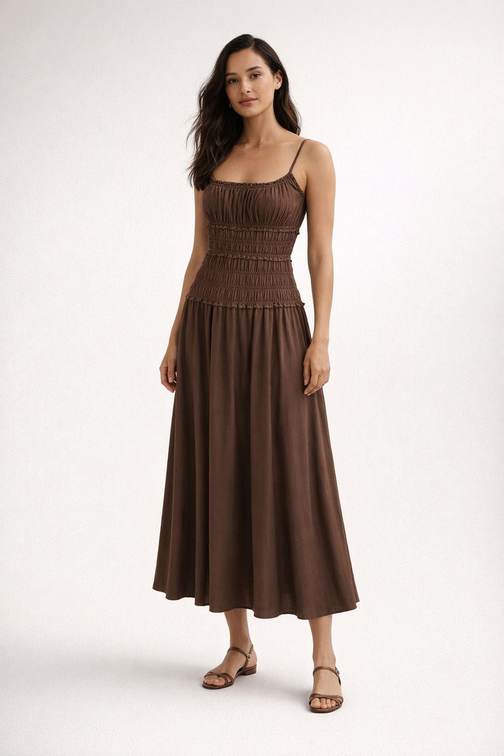 Summer Cotton Slim Maxi Dress in White and Brown — Brown
