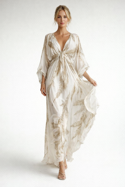 Summer V-Neck Maxi Dress for Women – Feather Print — Apricot
