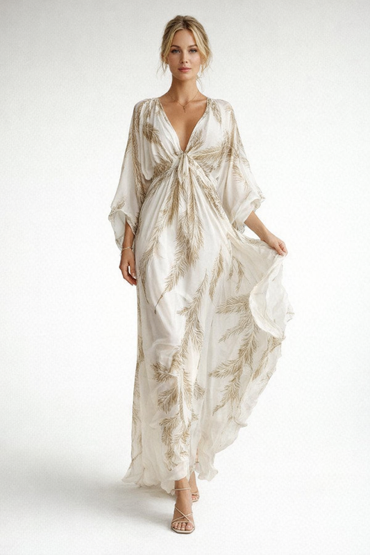 Summer V-Neck Maxi Dress for Women – Feather Print — Apricot