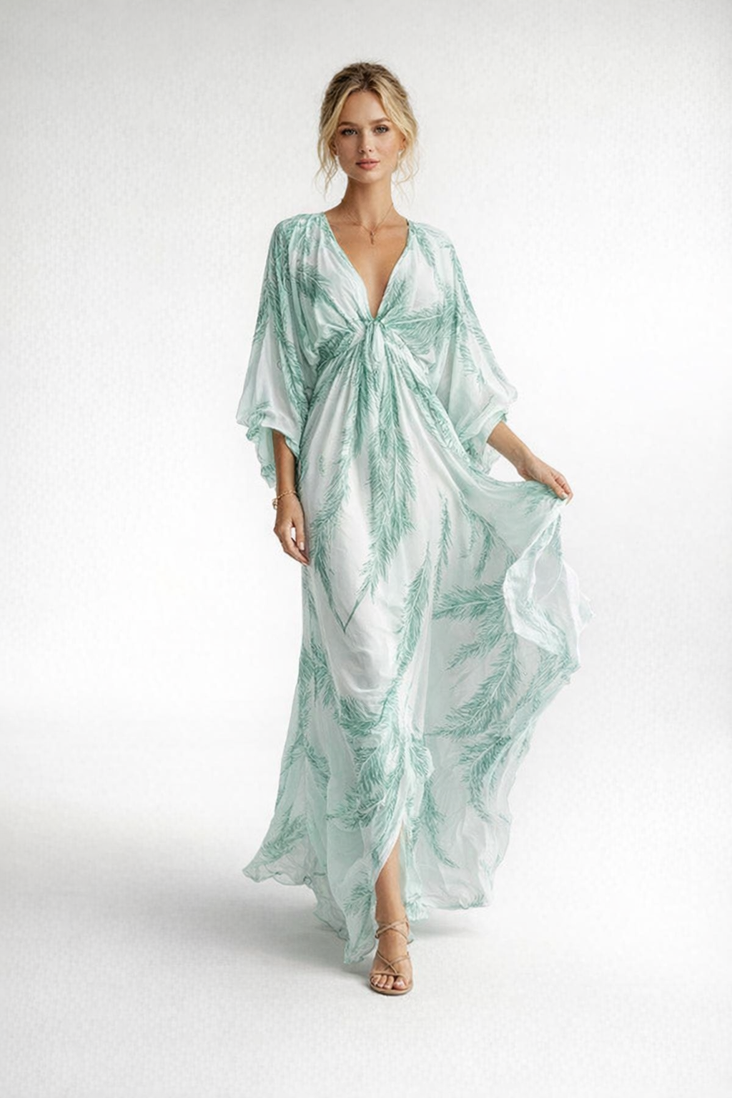 Summer V-Neck Maxi Dress for Women – Feather Print — Sky Blue
