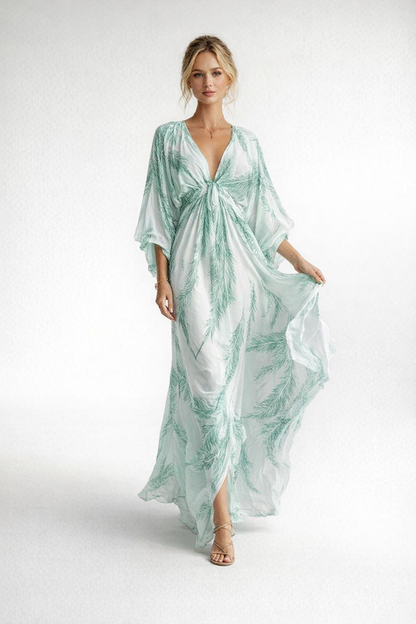Summer V-Neck Maxi Dress for Women – Feather Print — Sky Blue
