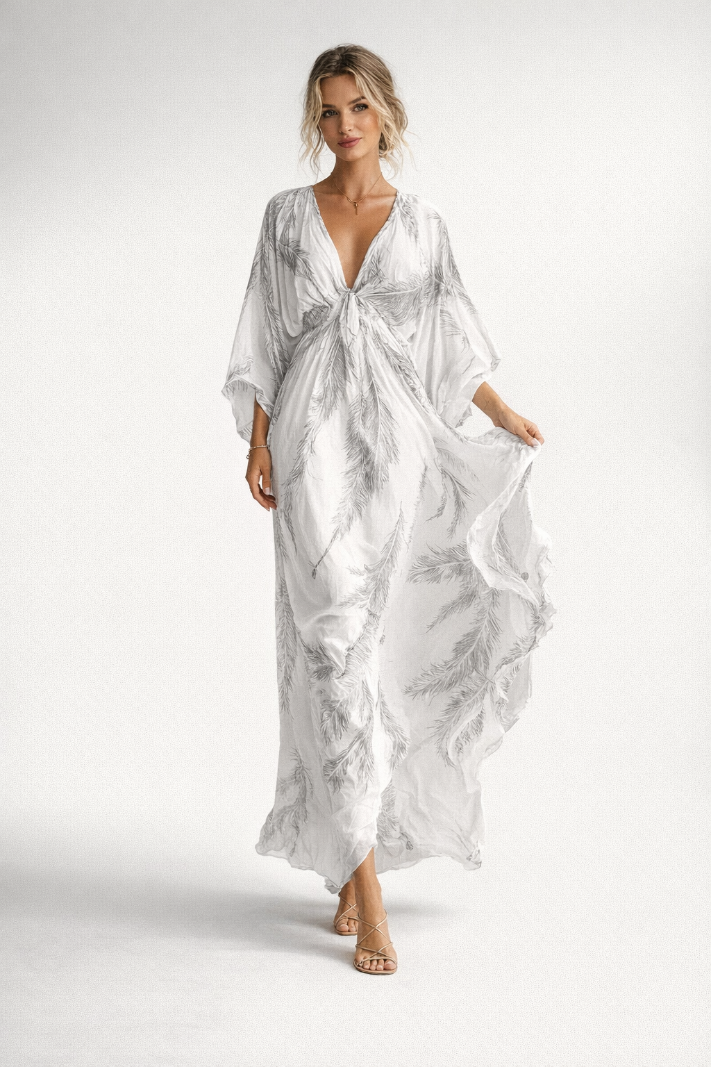 Summer V-Neck Maxi Dress for Women – Feather Print — Grey