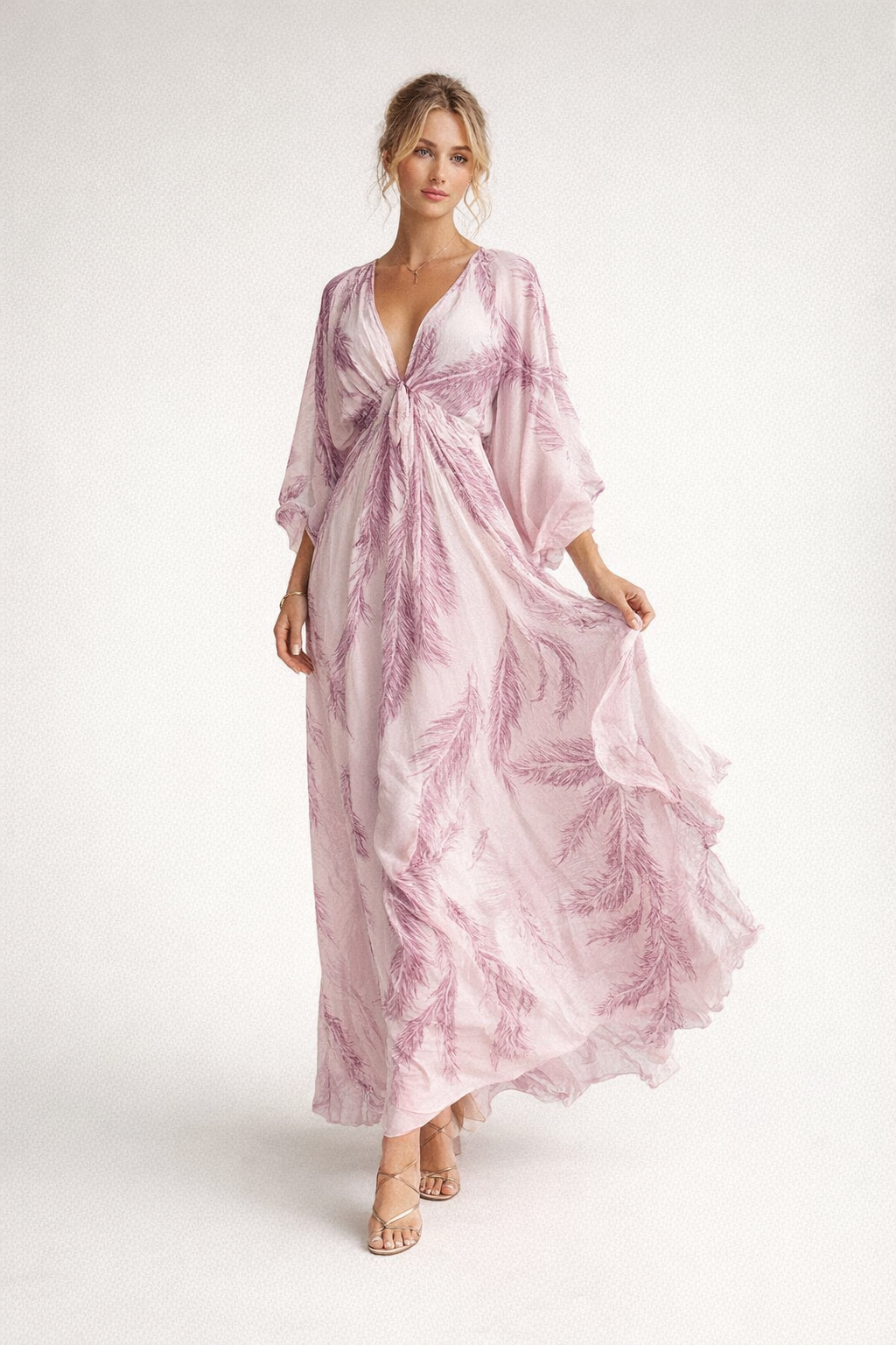 Summer V-Neck Maxi Dress for Women – Feather Print — Pink