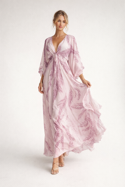 Summer V-Neck Maxi Dress for Women – Feather Print — Pink