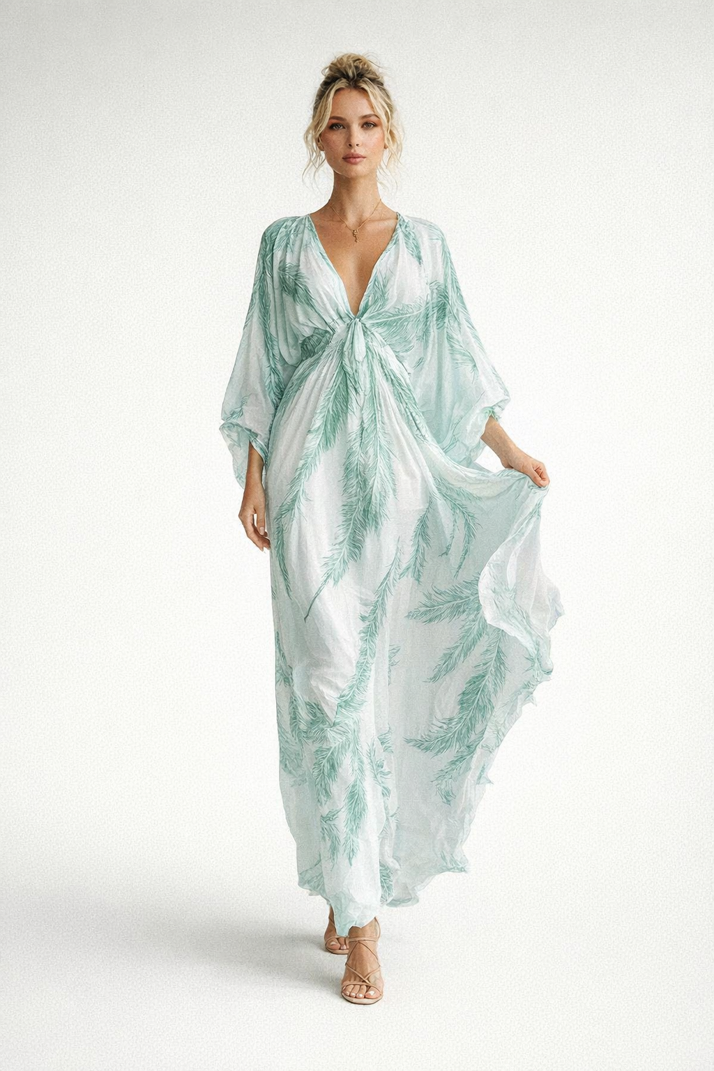 Summer V-Neck Maxi Dress for Women – Feather Print — Sky Blue