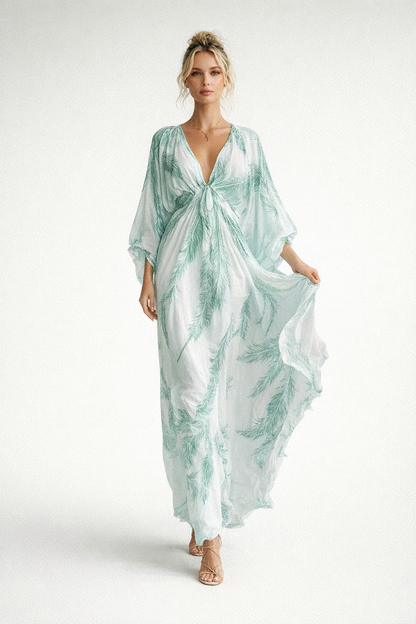 Summer V-Neck Maxi Dress for Women – Feather Print — Sky Blue