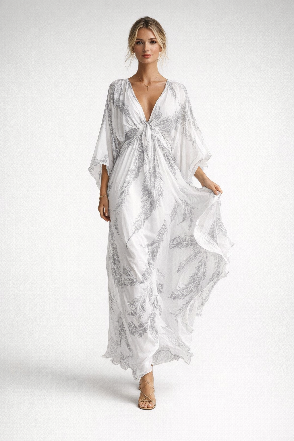 Summer V-Neck Maxi Dress for Women – Feather Print — Grey