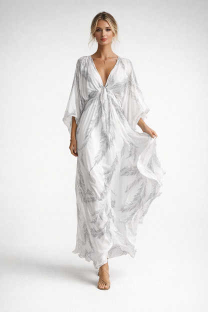 Summer V-Neck Maxi Dress for Women – Feather Print — Grey