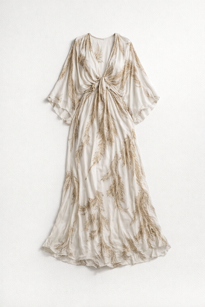Summer V-Neck Maxi Dress for Women – Feather Print — Apricot