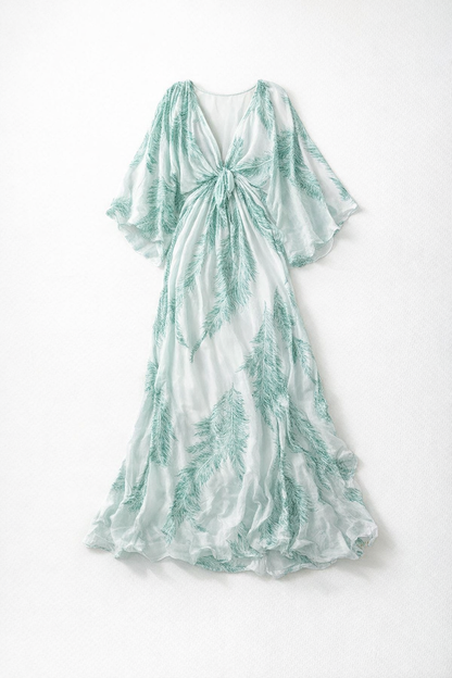 Summer V-Neck Maxi Dress for Women – Feather Print — Sky Blue