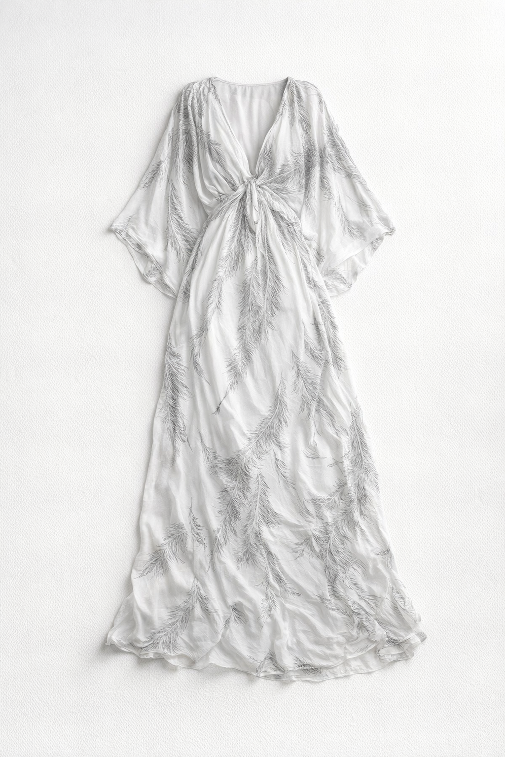 Summer V-Neck Maxi Dress for Women – Feather Print — Grey