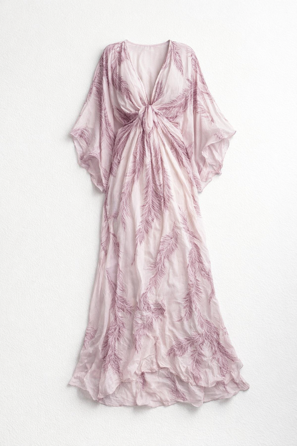 Summer V-Neck Maxi Dress for Women – Feather Print — Pink