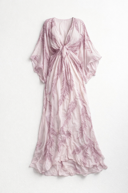 Summer V-Neck Maxi Dress for Women – Feather Print — Pink