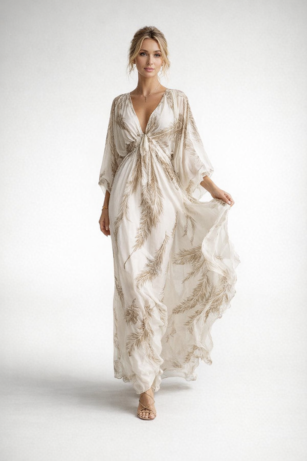 Summer V-Neck Maxi Dress for Women – Feather Print — Apricot