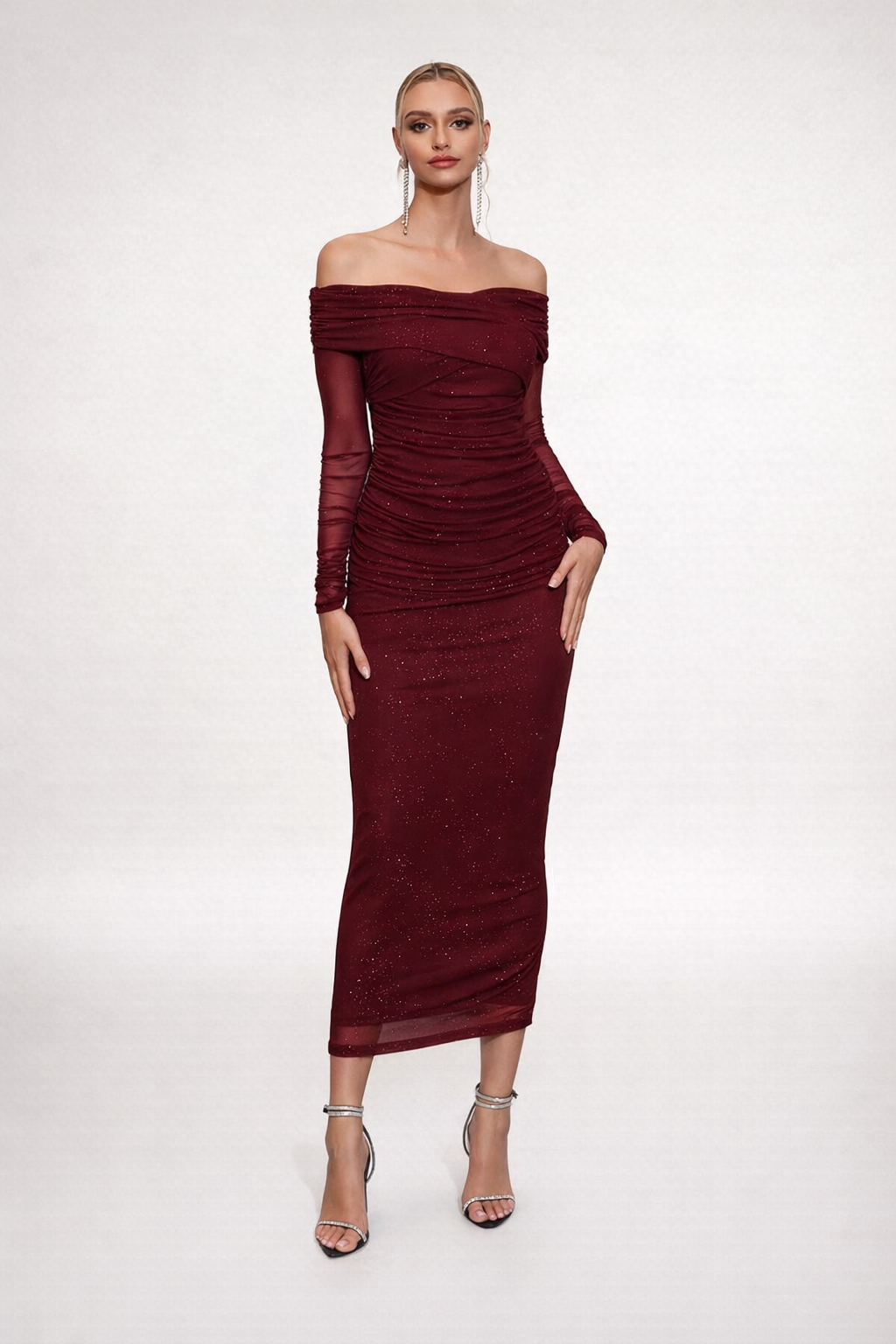 Women's Black Polyester Elastane Slim Off Shoulder Dress — burgandy