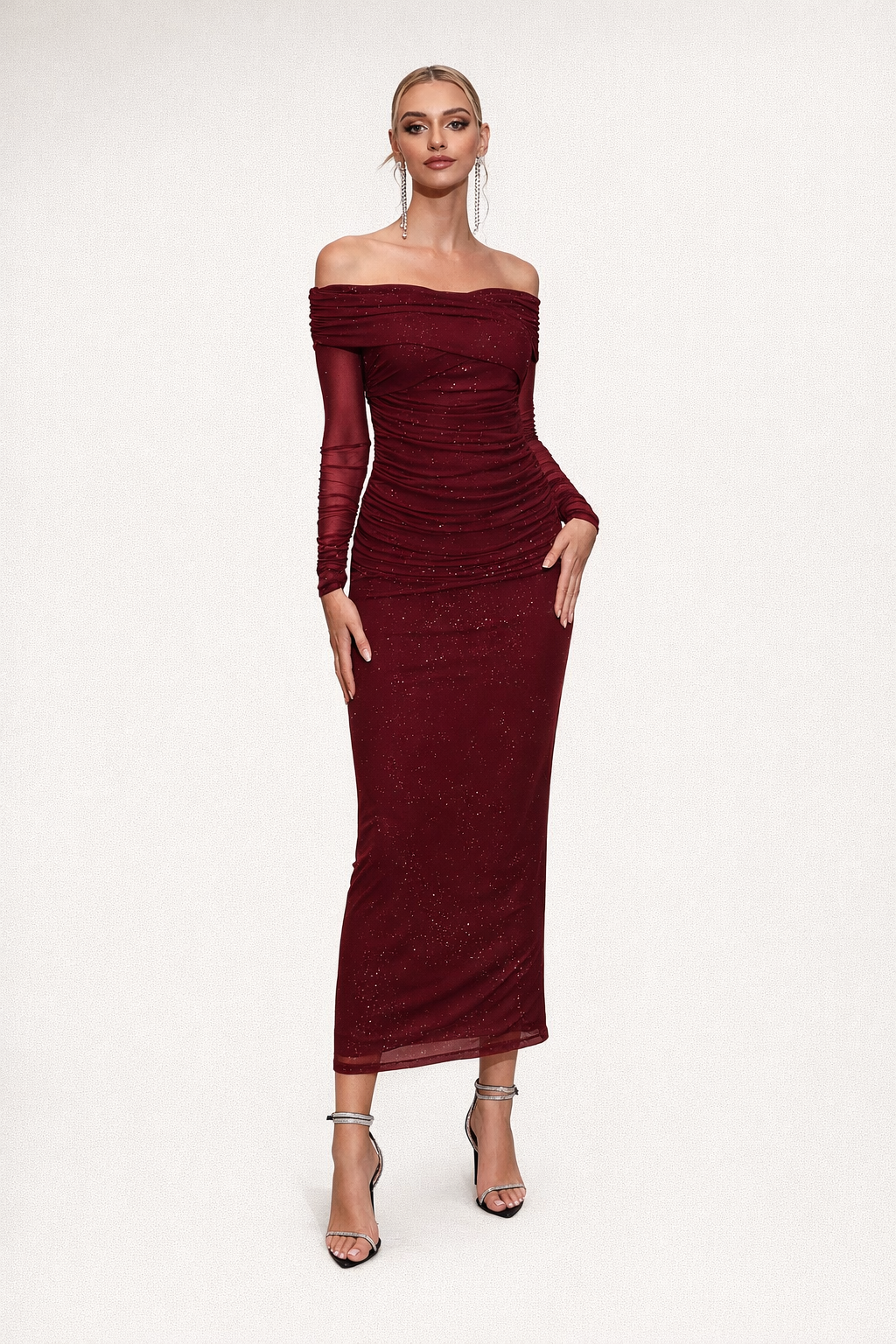 Women's Black Polyester Elastane Slim Off Shoulder Dress — burgandy