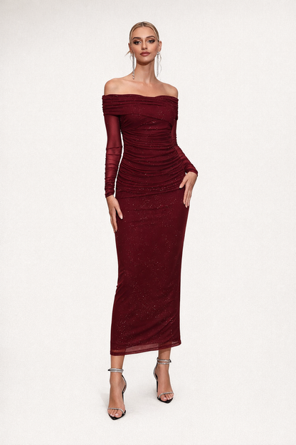 Women's Black Polyester Elastane Slim Off Shoulder Dress — burgandy