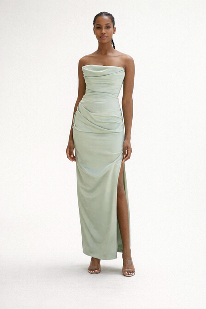 Maxi Dress – Green Strapless Satin