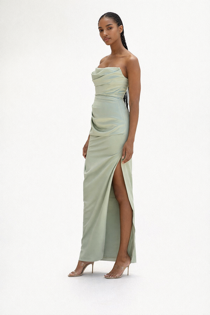 Maxi Dress – Green Strapless Satin