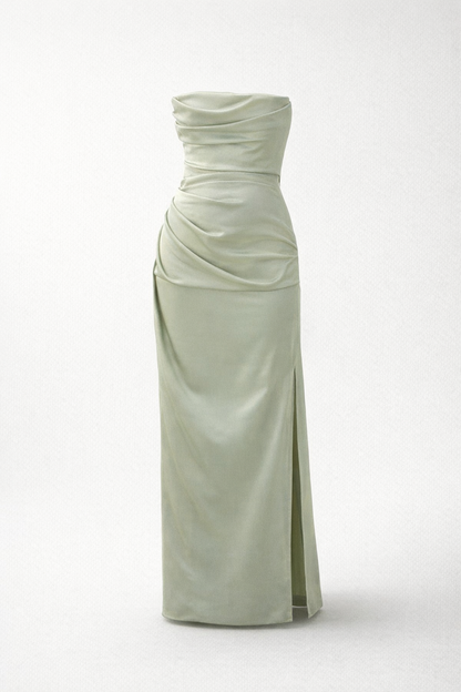 Maxi Dress – Green Strapless Satin