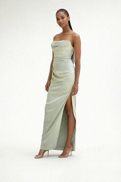 Maxi Dress – Green Strapless Satin