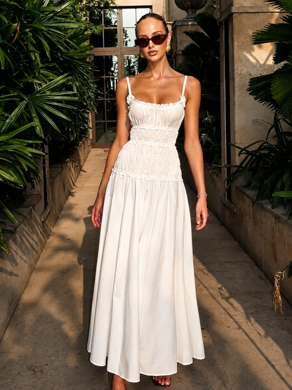 Summer Cotton Slim Maxi Dress in White and Brown